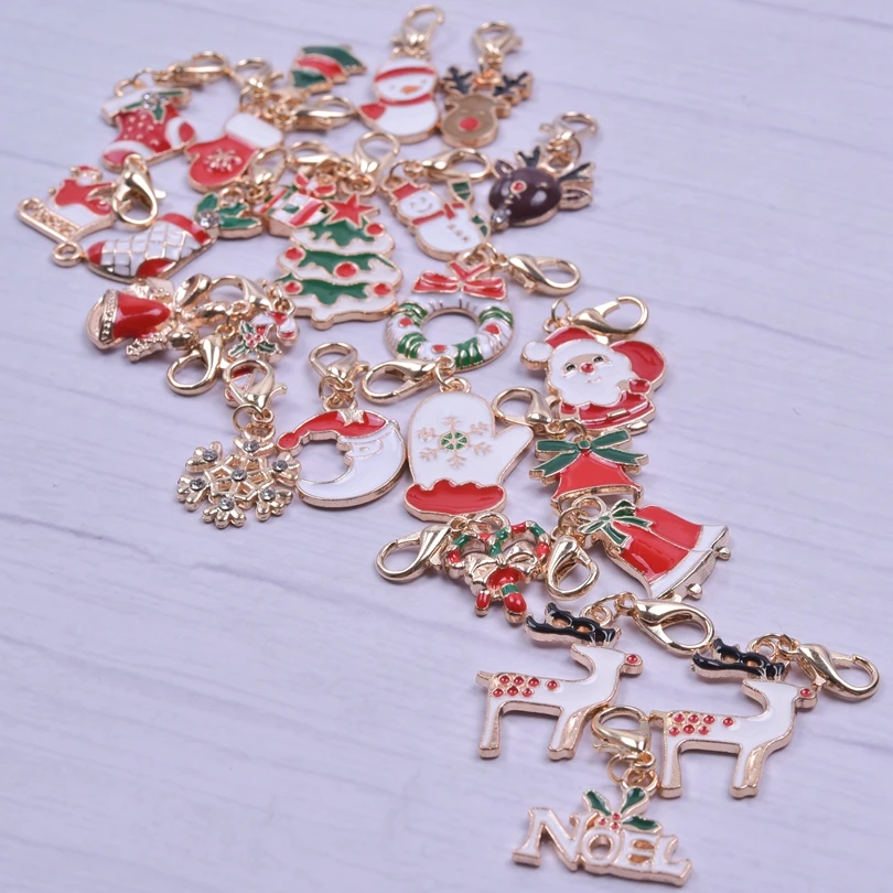 24pcs Christmas Pendant With Lobster Clasp Enamel Charms For Jewelry Making Supplies DIY Accessories Women Men Handmade Keychain