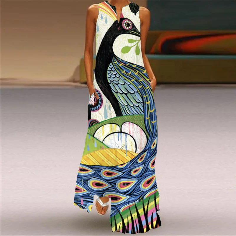 Vintage Print Casual Women\'s Dresses 2022 Summer Sexy V-neck Sleeveless Long Dress with Pocket Robe Maxi Dress Vestidos Largos