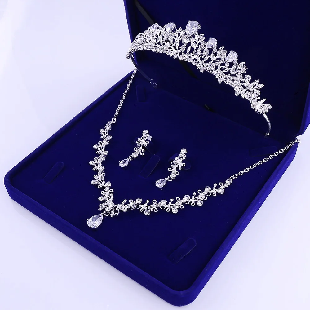 Luxury Crystal Leaf Bridal Jewelry Sets Rhinestone Crown Tiaras Necklace Earrings Set for Bride African Beads Jewelry Sets Gift