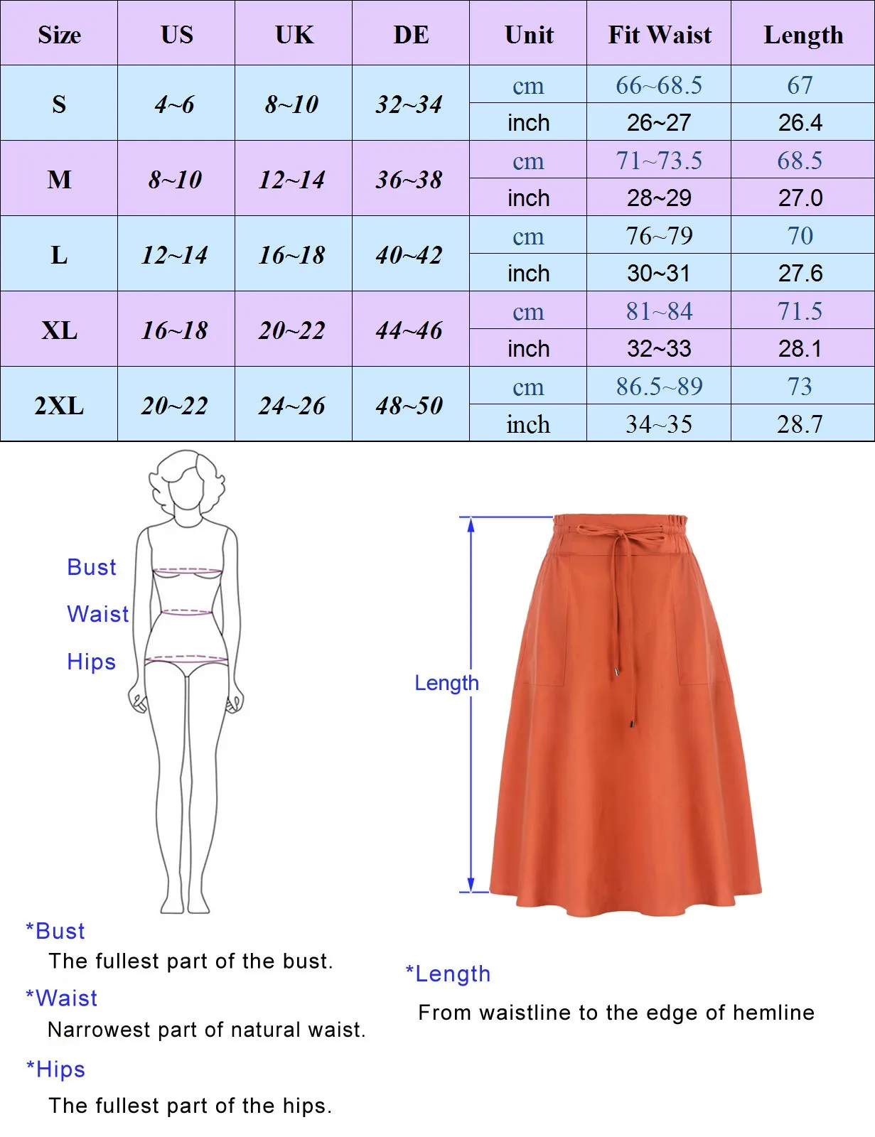 KK Womens Casual Cotton Linen Midi Skirts Smocked Tie Waist Pleated Aline Skirt With Pockets High Waist Flared A-line Skirt A30