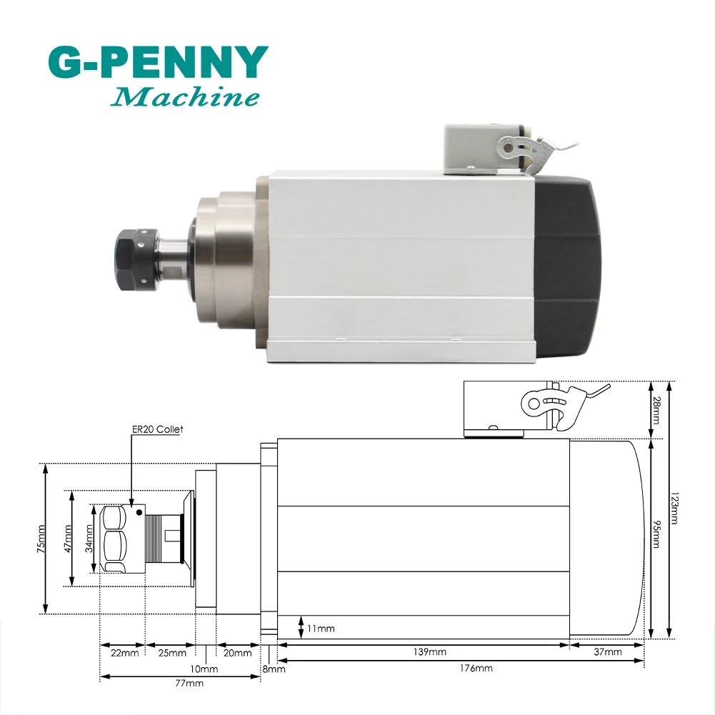 300Hz CNC Air Cooled Spindle motor 380v 220v 1.5kw ER20 with flange square spindle air cooling 4pcs bearings for CNC wood wood
