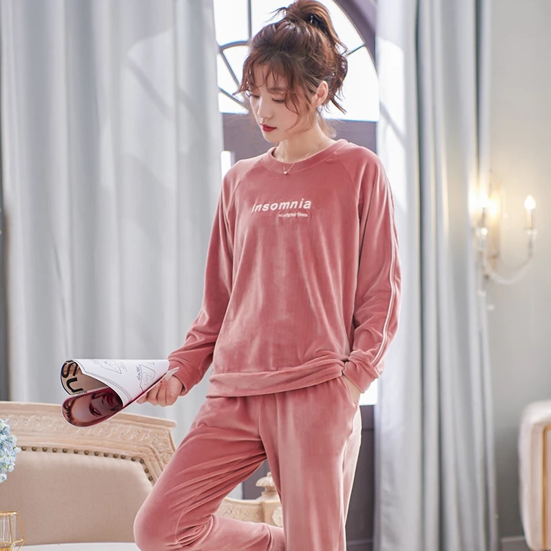 Nữ Cổ Tròn Bộ Đồ Ngủ Bộ Đảo Nỉ Tay Dài Thu Đông Bộ Pyjama Rời Nữ Nhà Bộ Chữ Đồ Ngủ Ngọn + quần 2Pc