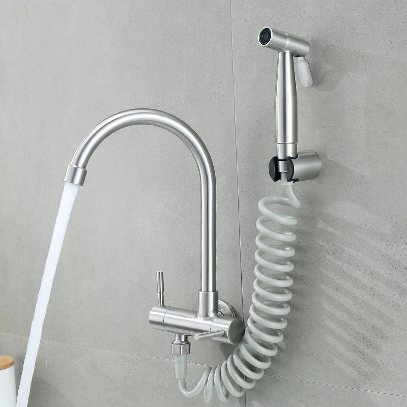 304 Stainless Steel Kitchen Faucet Wall Mounted Double Handle Single Cold Water Tap Sprayer Bidet Nozzle for Balcony