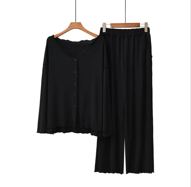 Japanischer Baumwoll-Pyjama im neuen Stil für Damen, Frühlings- und Herbst-Cardigan, einfarbig, langärmelige Hose, Hausanzug. – Detail 14