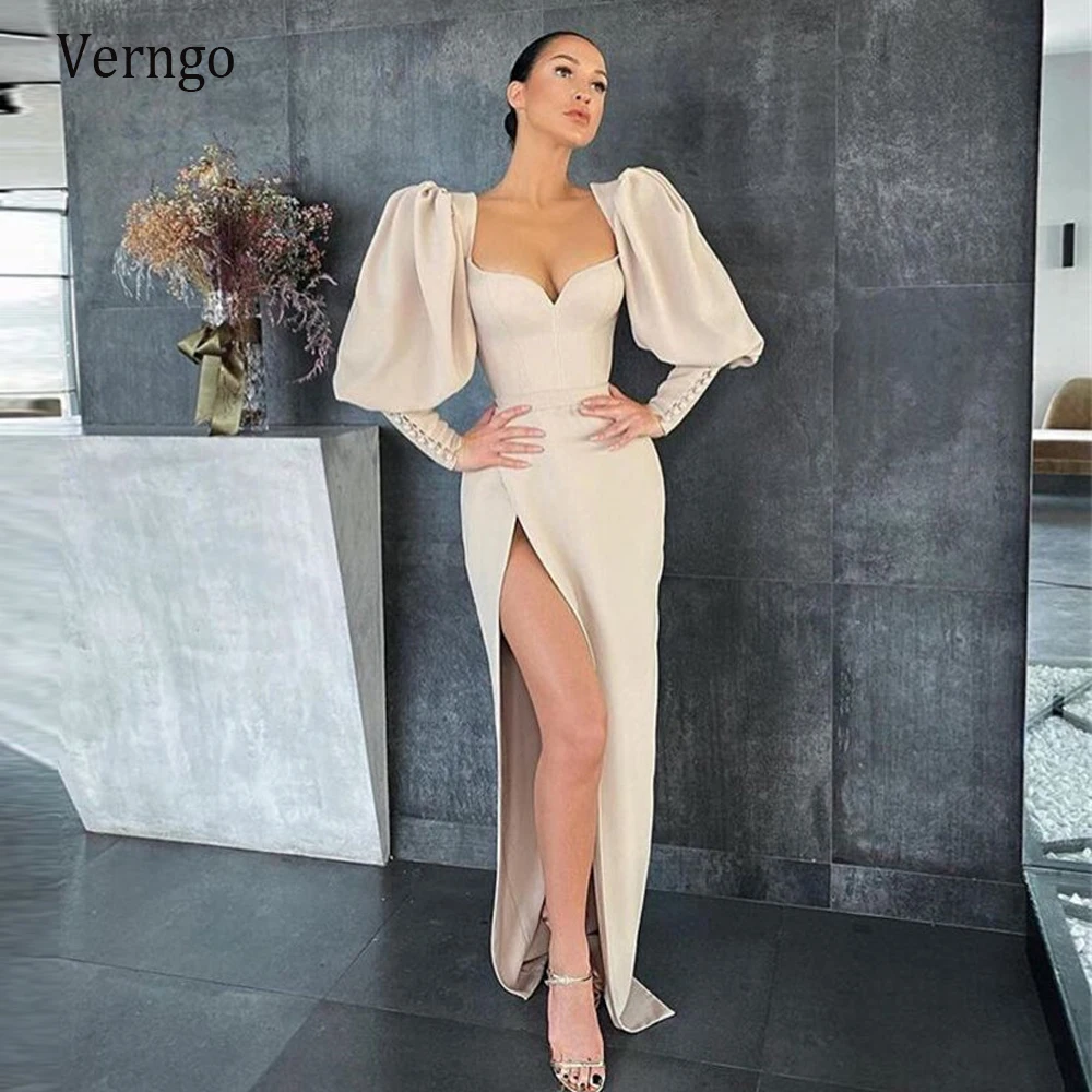 Verngo Nieuwe Vintage Champagne Puff Lange Mouwen Avondjurken Slit Sweetheart Stretch Satijn 2023 Moderne Formele Party Gown