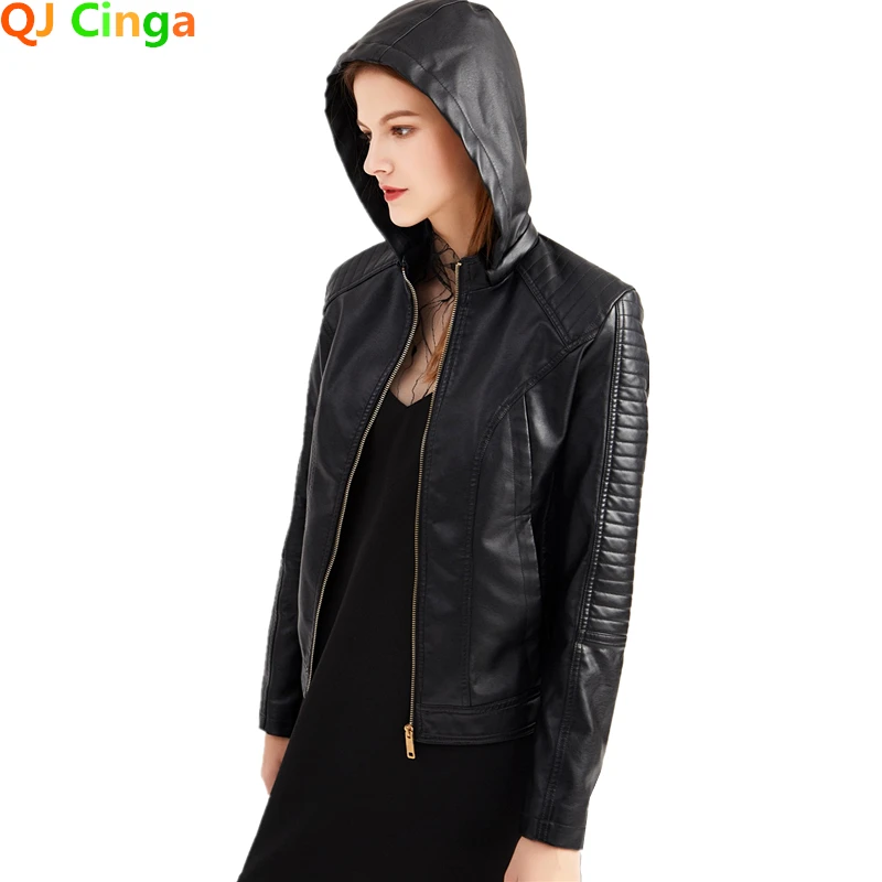 Winter New Black Fleece Hooded Leather Jacket Women\'s Fashionable Trim Motorcycle Women Coat Zipper Switch Tops Red Khaki Grey