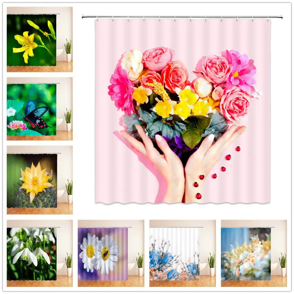 Flowers Shower Curtains Green plants rose flower butterfly Scenery Bathroom Decor Home Bathtub Waterproof Polyester Curtain Set