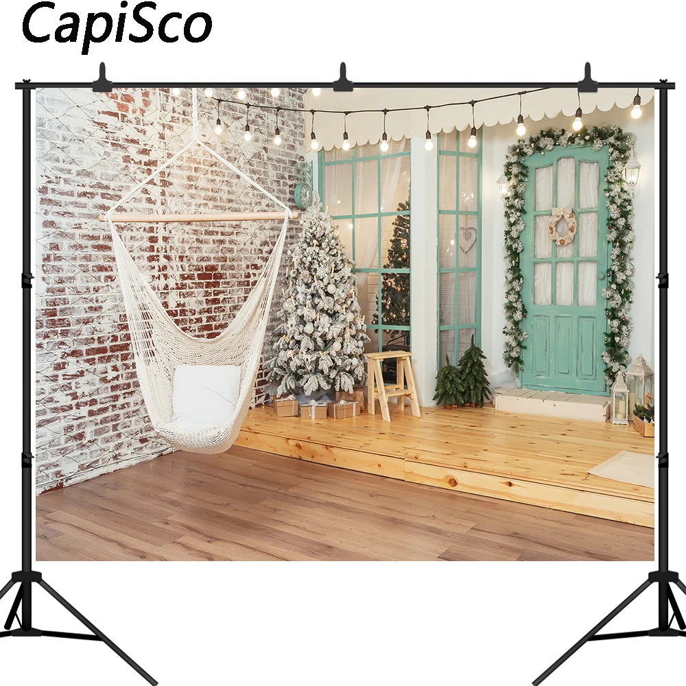 Capisco Christmas Photography Background Wood door Glitter String Lights Xmas tree Backdrops Family Holiday Party Photo Props