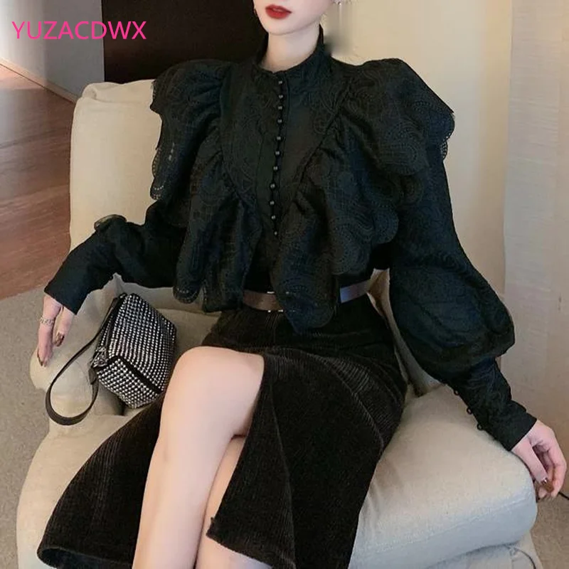 

YUZACDWX Elegant Blouse Women Lace Patchwork Ruffled Long Lantern Sleeve Solid Slim Korean Fashion Sexy Shirts Spring Blusas