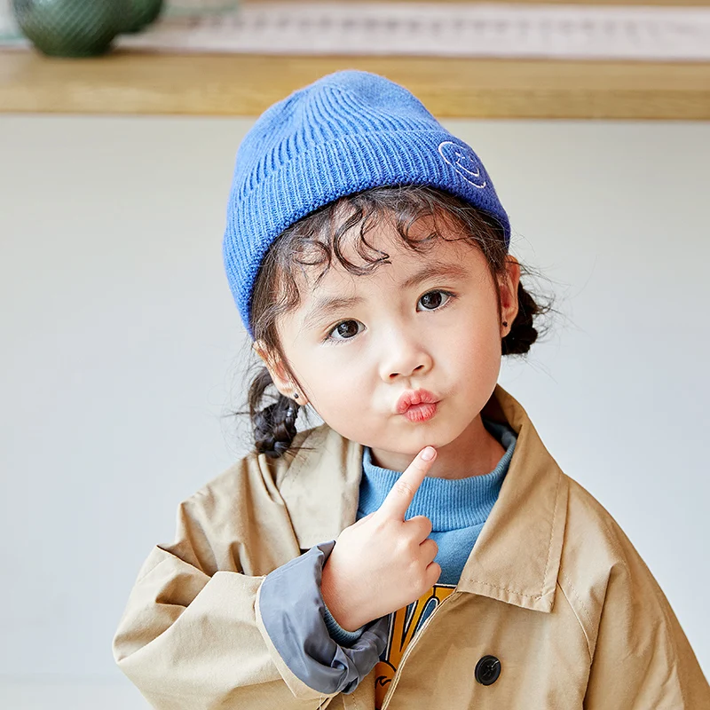 Baby Solid Color Cartoon Smile Embroidery Knitted Hats Kids Girls Boys Autumn Winter Warm Beanies Caps