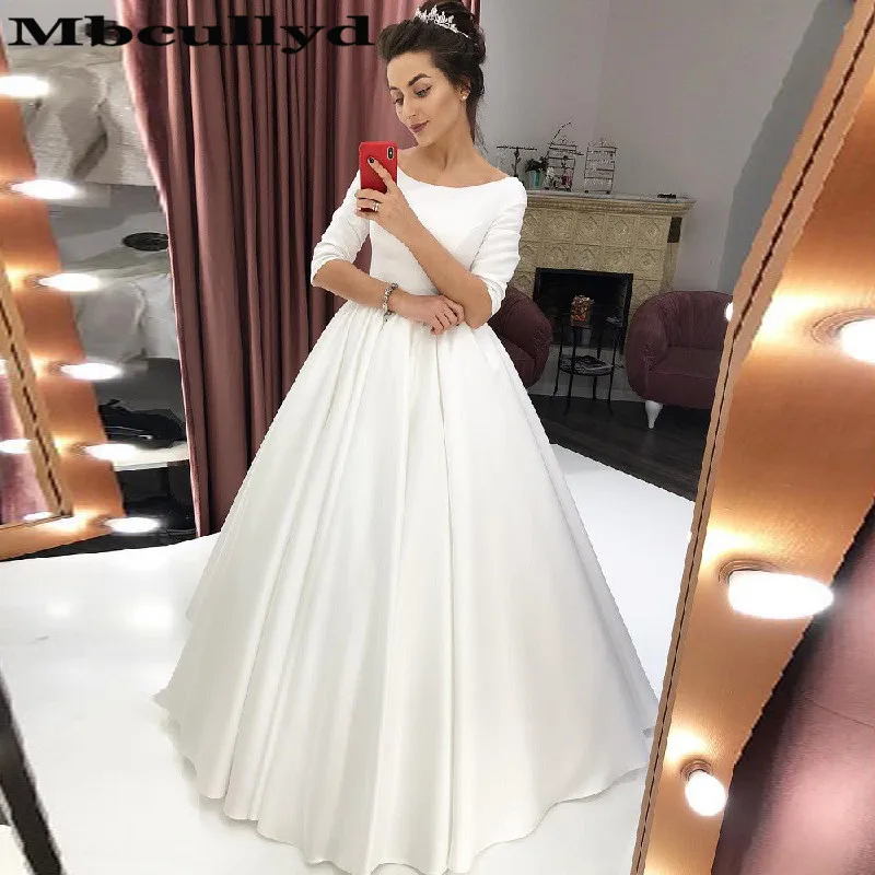 

Mbcullyd Elegant Satin Wedding Dresses With Half Sleeves 2023 Scoop Neck Church Gowns For Women Chic Plus Size vestidos de novia