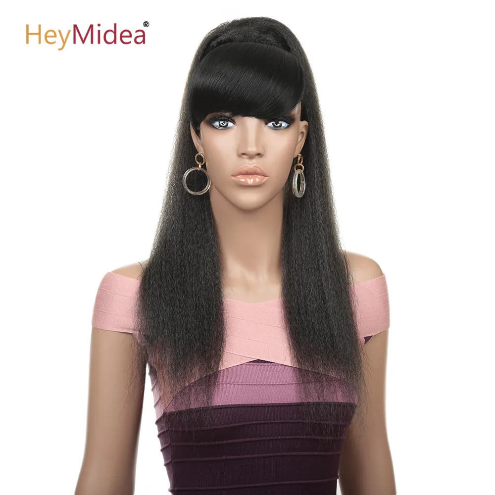 Synthetic Yaki Straight Ponytail With Bangs Clip In Hair Extension Afro Drawstring Ponytail African American HeyMidea