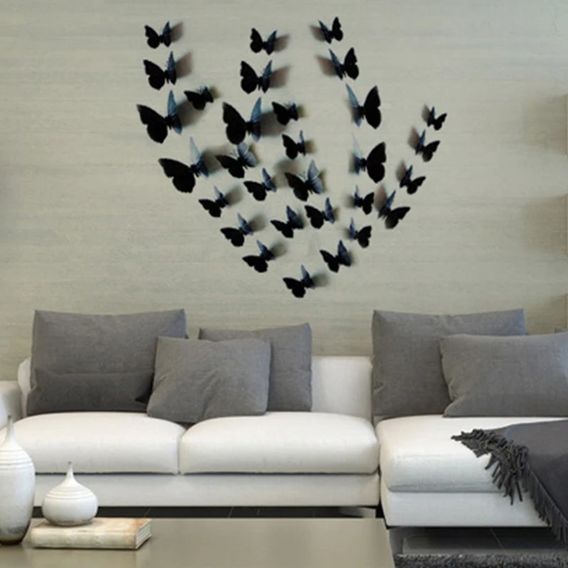 12pcs/Set Black Butterflies Wall Sticker Beautiful Beautiful Butterfly Sticker With Pin for Kid Room Wall Decals Home Decoration