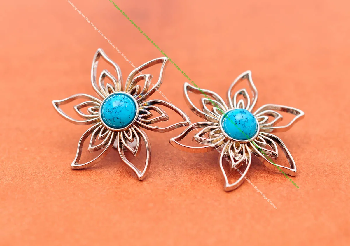 10Pcs 35*30mm Silver Beauty Big Flower Sky Blue Turquoise Concho Leathercraft Belt Accessories Hardware Saddle Concho Screwback