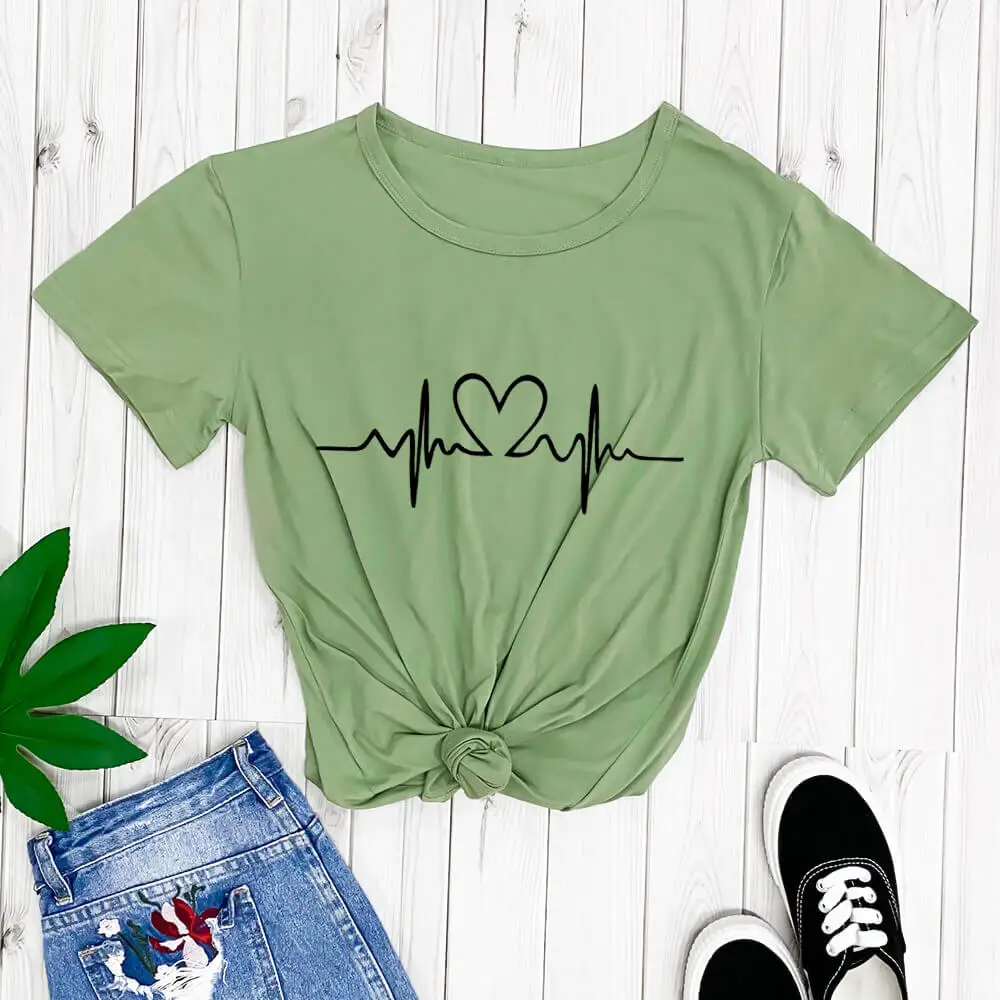 HeartBeat with heart shirt New Arrival Summer Women Casual 100%Cotton Funny T Shirt Love Shirt Love Gift Love in the line