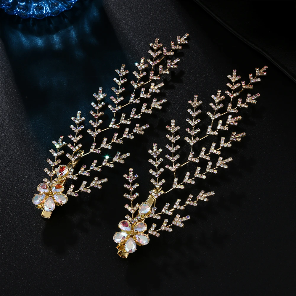 

A pair of AB color zircon hairpins, gold-plated rhinestone hair accessories, bridal tiara jewelry gifts for women