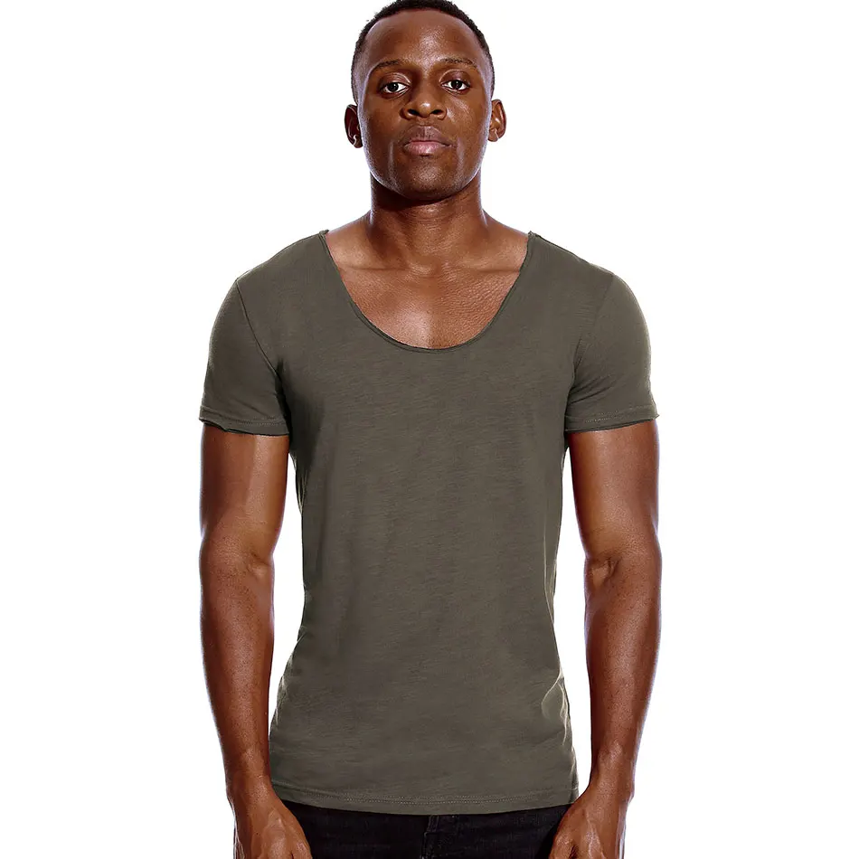 Deep V Neck T Shirt for Men Low Cut Stretch Vee Top Tees Slim Fit Short Sleeve Fashion Male T Shirt Invisible Casual Summer