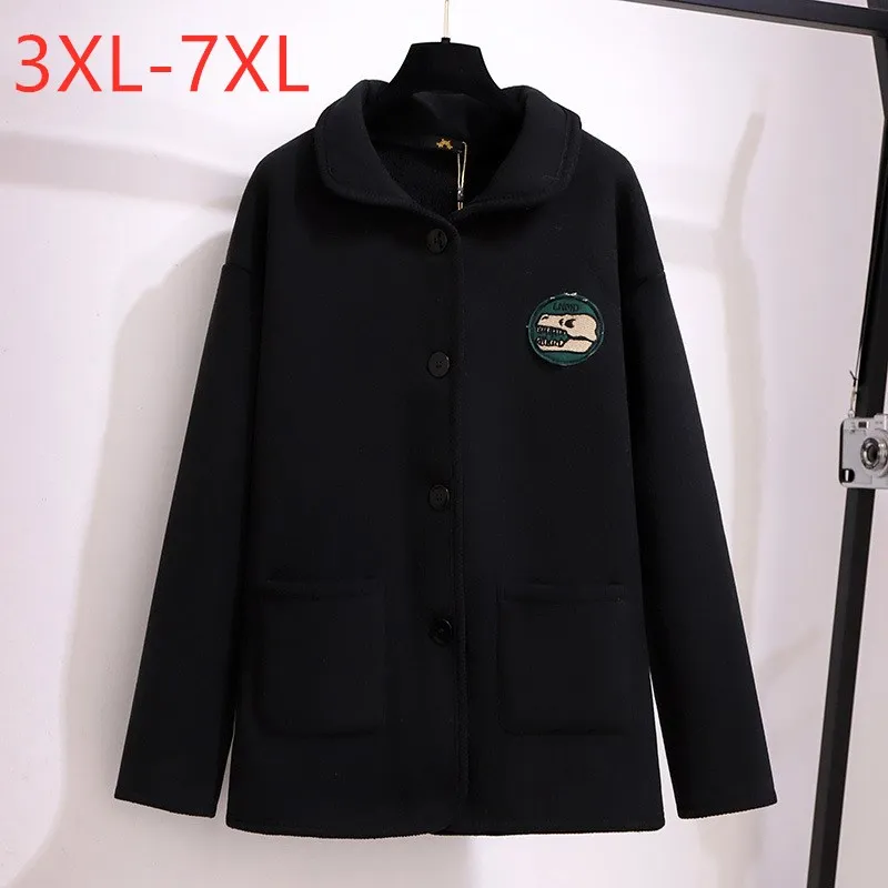 2021 Ladies Autumn Winter Plus Size Women Clothing Jacket Large Long Sleeve Black Thick Fleece Button Coat 3XL 4XL 5XL 6XL 7XL