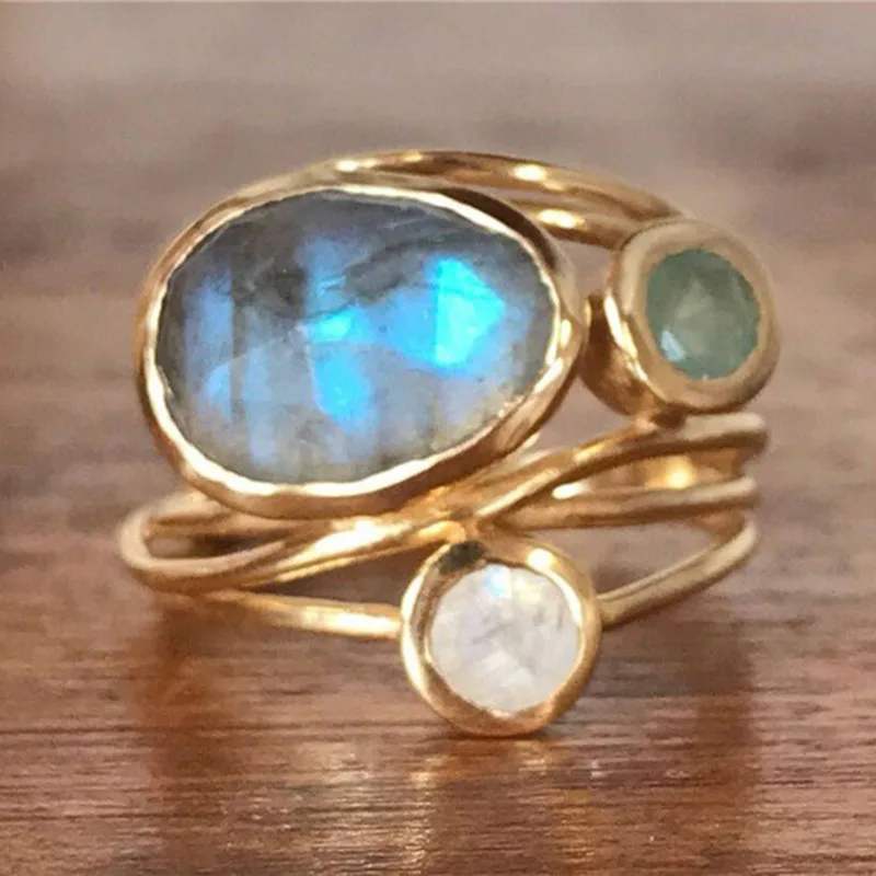 Delicate Multi-layers Cross Moonstone Rings for Women Boho Gold Color Round Opal Resin Simulated Shell Rings