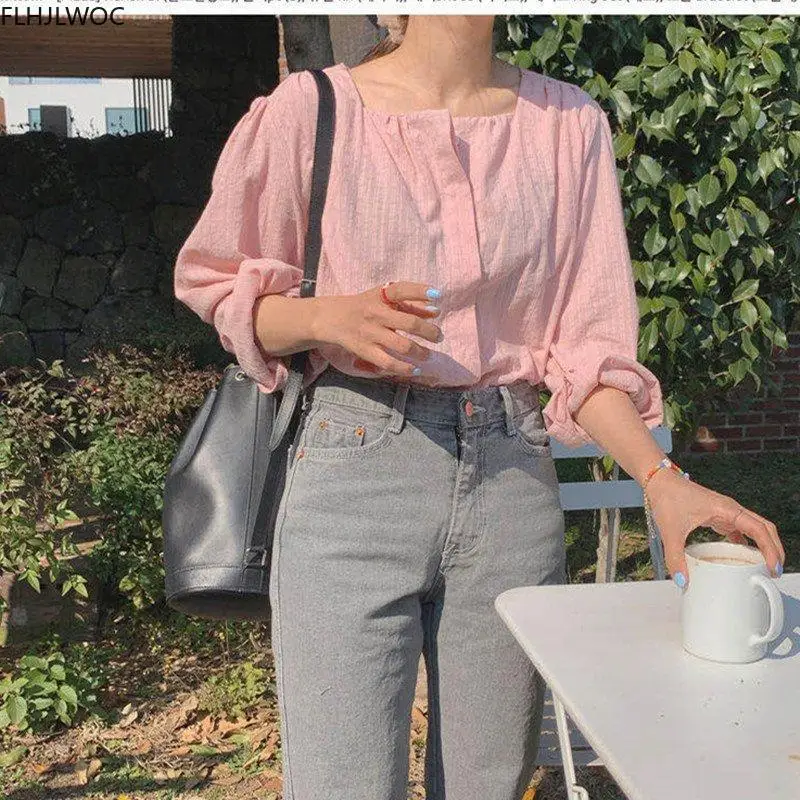 2020 Autumn Cute Chic Tops Korea Japan Style Girls Preppy New Design Casual Loose Women Pink Top Single Breasted Button Shirts