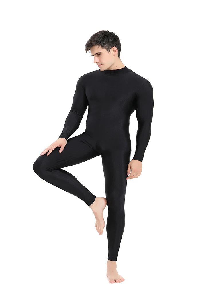 Speerise Mens Black Turtleneck Spandex Long Sleeve Unitard Unisex Full Length Ballet Bodysuit Footless Dancewear Costum