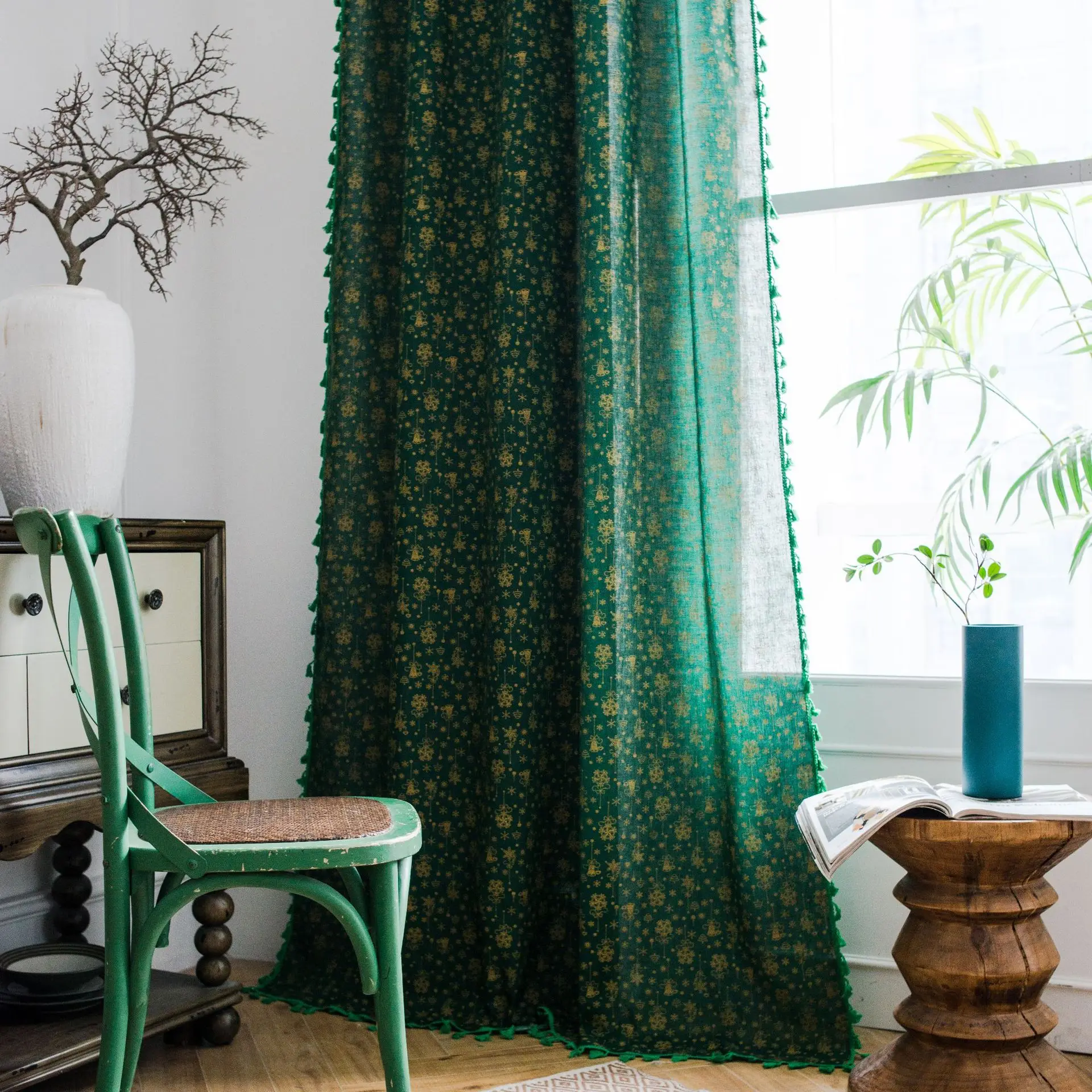 Home Curtain Green Christmas Bronzing Wind Chime Tassel Bay Window Curtain Printed Chrismas Decor Vintage Drap Sheer Curtain D30