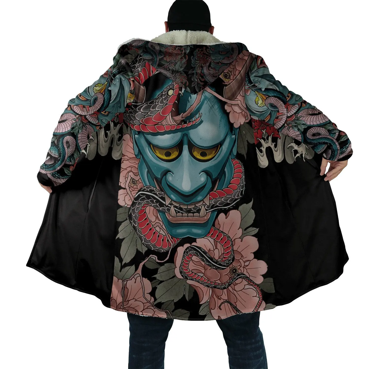 Everak Samurai Oni Mask for Men, Tattoo 3D Printing Smile Hooded Cape, Unisex Casual Optics, Warm Cape Coat, PF31, Winter DstressShipping