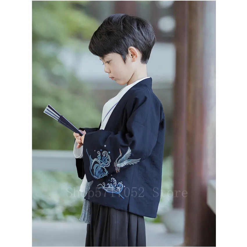 Asian Japanese Style Traditional Clothes Kimono Set Boy Fancy Streetwear Breathable Yukata Embroidery Fashion Hanfu Loose Outfit