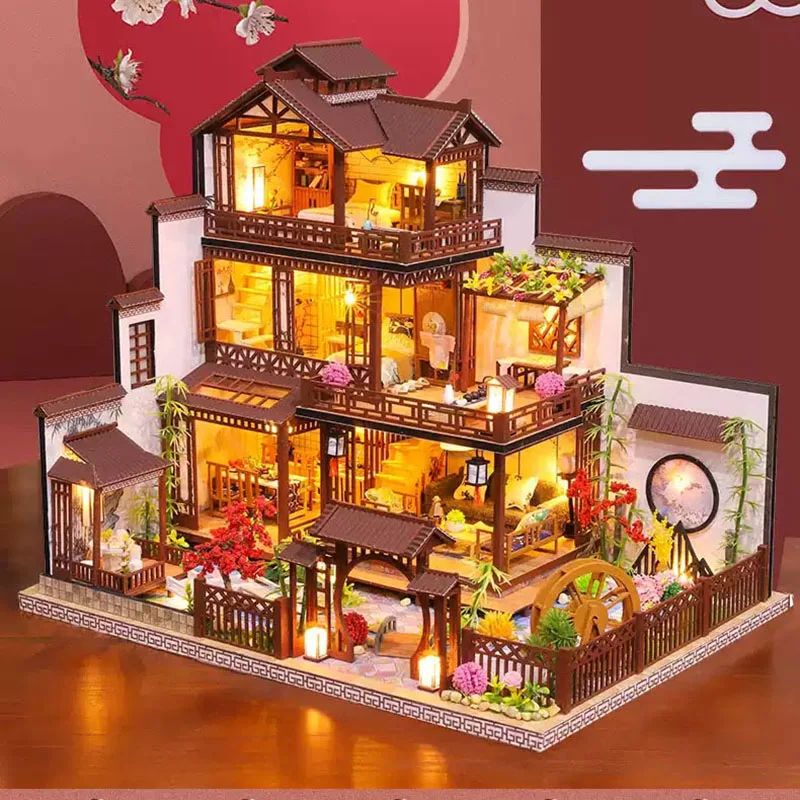 DIY Wooden Dollhouse Kit Miniature Building With Furniture Accessories Assemble Toys Japanese Antique Loft Doll House Kids Gift