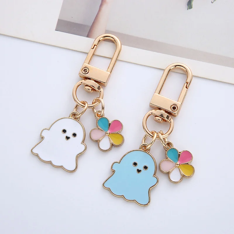 Cute Funny Little Ghost Metal Keychain White Pink Blue Black Car Bag Keyring Girl Boy Couple Jewelry Lanyard Headset Pendant