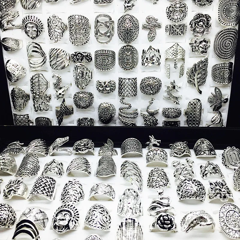 MixMax 20pcs/Lot Women's Vintage Silver Plated Rings Ladies Fashion Jewelry Beautiful Party Gifts Variety of Styles Wholesale