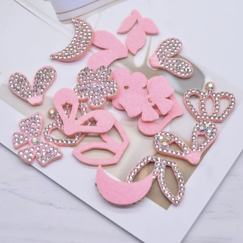 30Pcs Mini Pink Moon Bow Rabbit Ear Kawaii Rhinestone Patches Set Clothing Home Decor Applique Hairband Jewelry Supplies