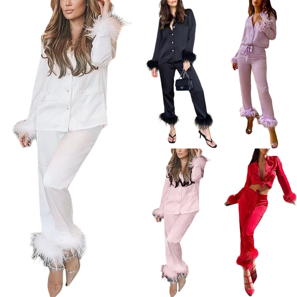 2 Pcs Women Solid Color Outfits Fashion Female Furry Long Sleeve Tailored Collar Blazer + Straight-leg Pants Outfits Women Suits