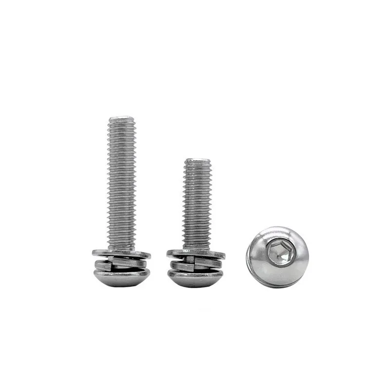 1/50pcs M3 M4 M5 M6 M8 304 Stainless Steel Hexagon Hex Socket Button Head SEM Screw Flat With Washer Spring Gasket Assemble Bolt