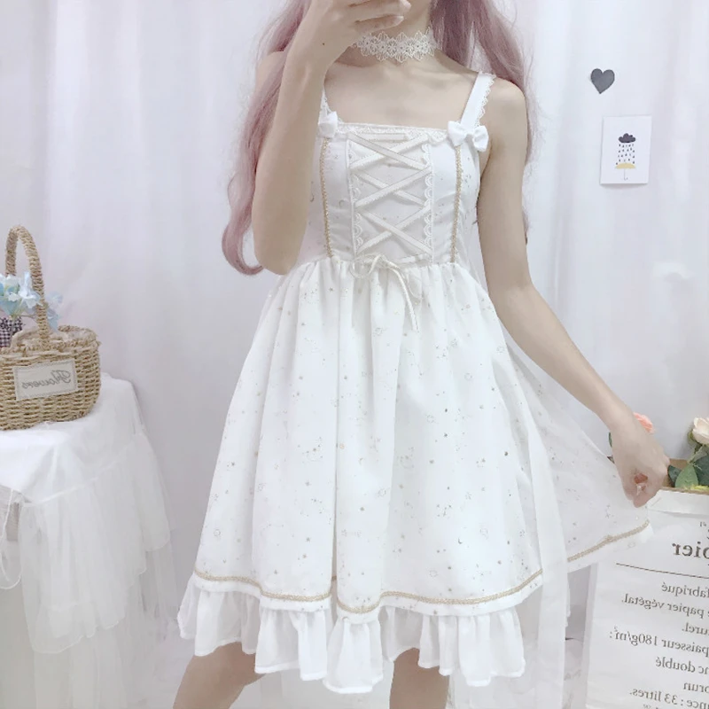 cute daily girls gothic lolita dress лолита 2020 new spring Japanese Lolita daily wear lolita bow tie strap slim jsk strap dress