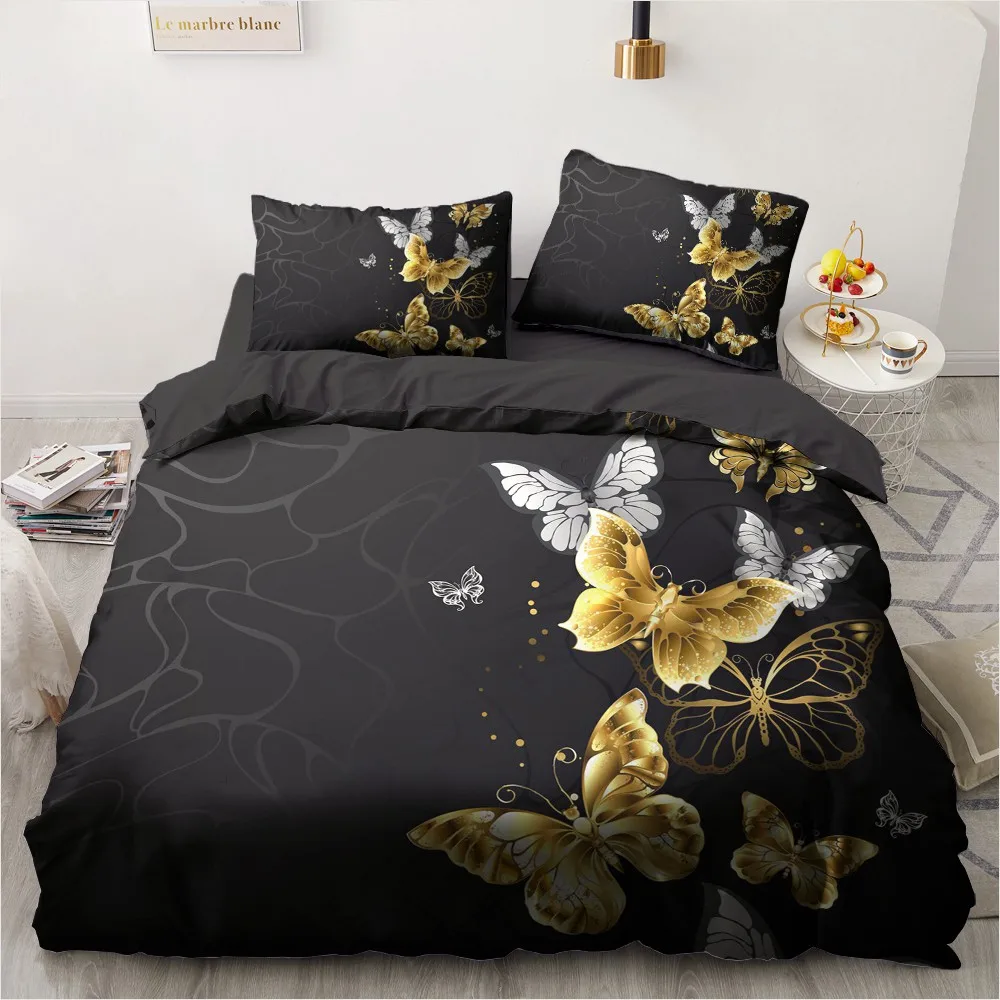 3D Digital Printing Custom Bedding Set,Twin Full Queen King,Blanket/Quilt/Duvet Cover Set Black golden butterfly Bedclothes