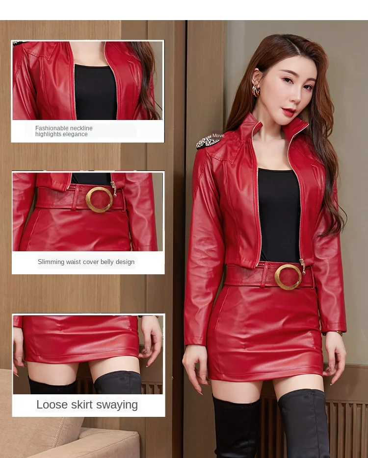 Spring and autumn new sexy package hip leather skirt was thin short paragraph PU leather Slim stretch women\'s two-piece suit