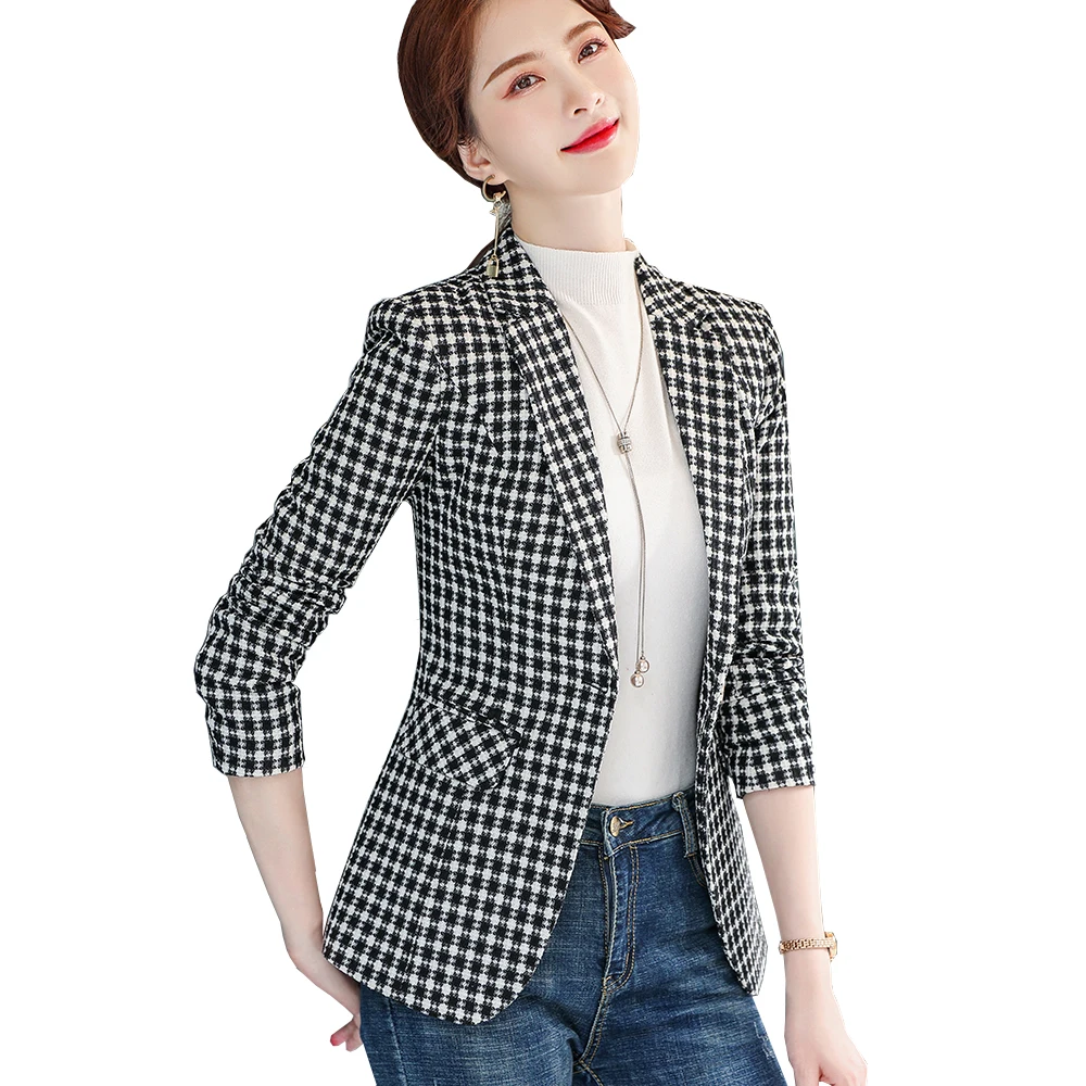 

Fashion Woman Slim Yellow Black Plaid Blazer New Arrival Female Autumn Winter Outwear Casual Single Button Jackets Coat