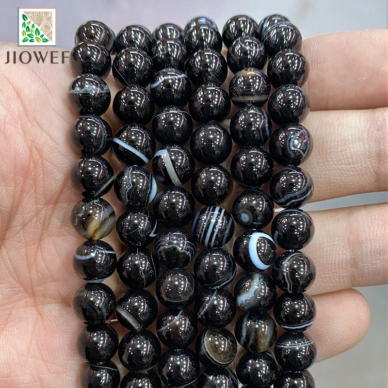 Cuentas redondas de ágatas a rayas de encaje negro con bandas naturales, accesorios de pulsera Diy para la fabricación de joyas, hebra de 15 \