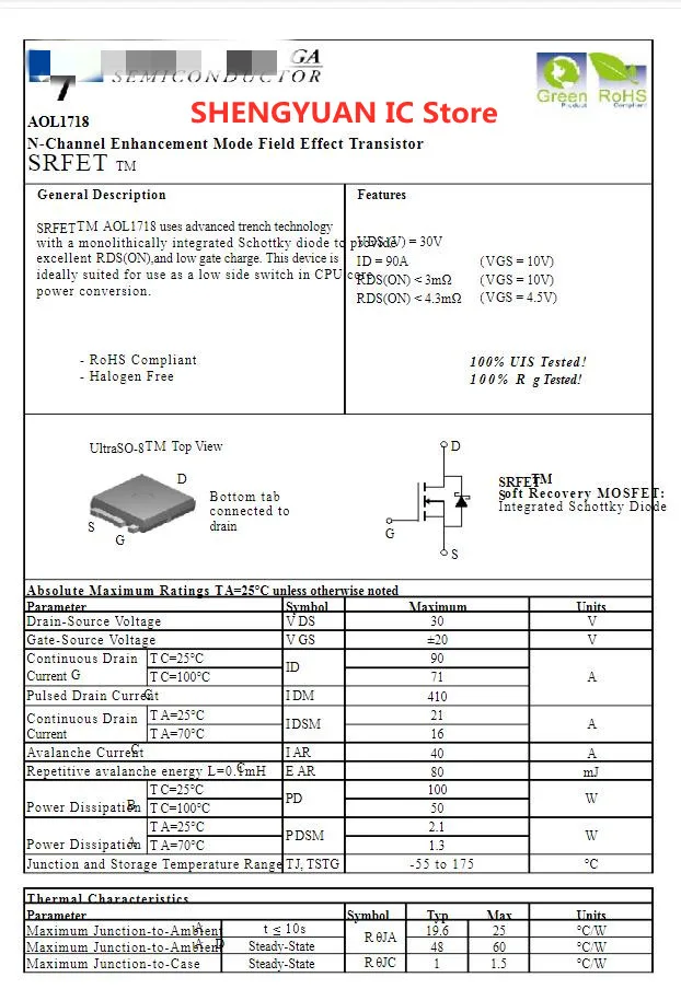 10 pcs/lot AOL1718 1718  AO1718 ULTRASO-8 30V 90A N-Channel Enhancement Mode Field Effect Transistor 100% new imported original