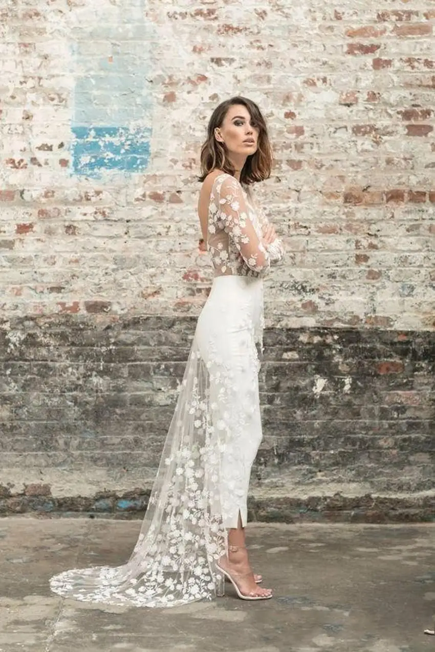 Customized Sexy Open Back Pant Suit Wedding Party Bride Gowns Applique Lace Long Sleeves Bridal Wedding Dress Cheap Formal Gown