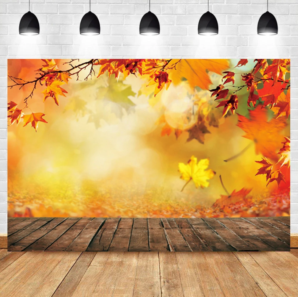 

Laeacco Autumn Background For Photography Yellow Maples Leaves Polka Dots Light Bokeh Party Child Baby Scenic Photo Backdrop