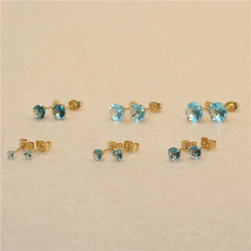 Ohrstecker aus blauem Glas, von 3 mm bis 8 mm, Edelstahl, echt vergoldet, verblasst nicht leicht, allergiefrei – Detail 2