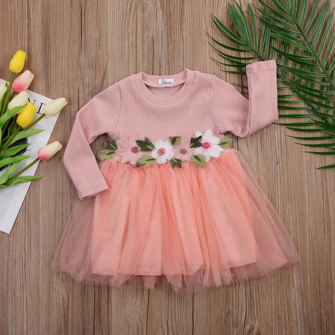 Sweet Autumn Winter Print Flower Baby Girl Knitted Dress Tutu Ball Gown Long Sleeve Princess Dresses Girls Dress