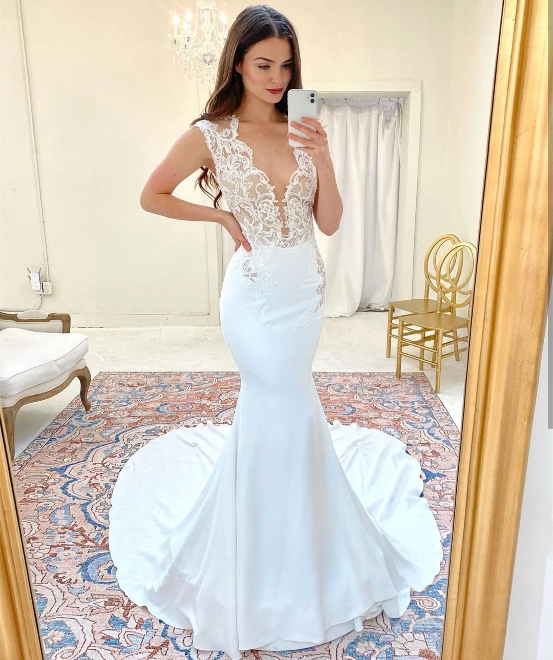 Wedding Dress 2021 V-Neck Lace Applique Mermaid Elegant Sleeveless Charming For Sexy Women Simple satin High Quality Custom made