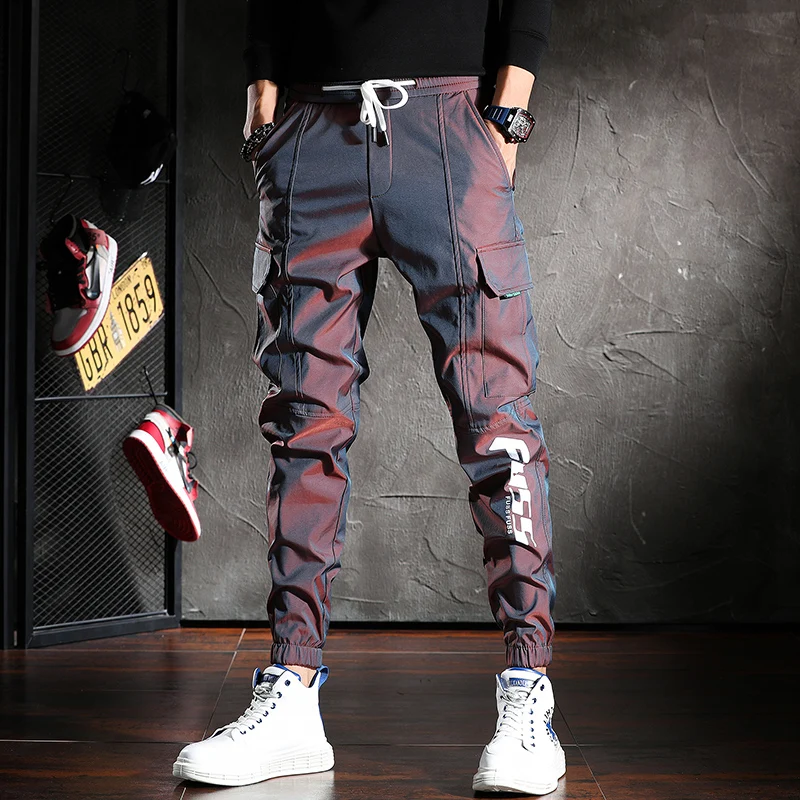 Dazzle Color Reflective Cargo Pants Men Handsome Joggers Casual Streetwear Drawstring Trouser