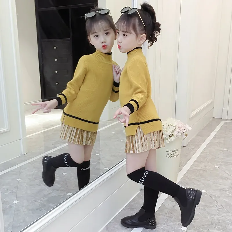 Girls Fashion Long Spliced Knitted Sweaters Autumn & Winter 2019 New Children's Knitwear Clothes Teenager Kids Knit Dresses P265