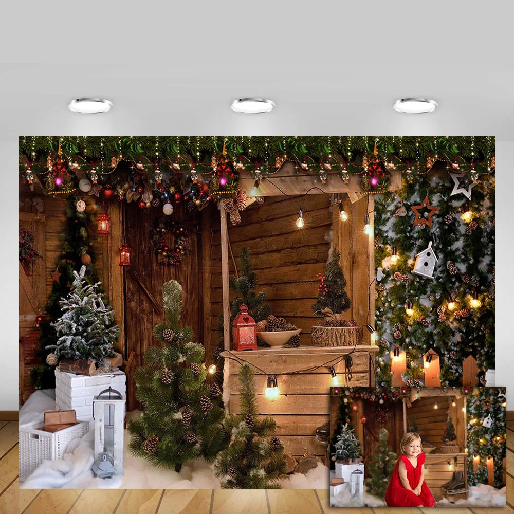 Mehofond Christmas Backdrop Wooden House Snow Skiing Outdoor Bulb Baby Portrait Decoration Photography Background Photo Studio