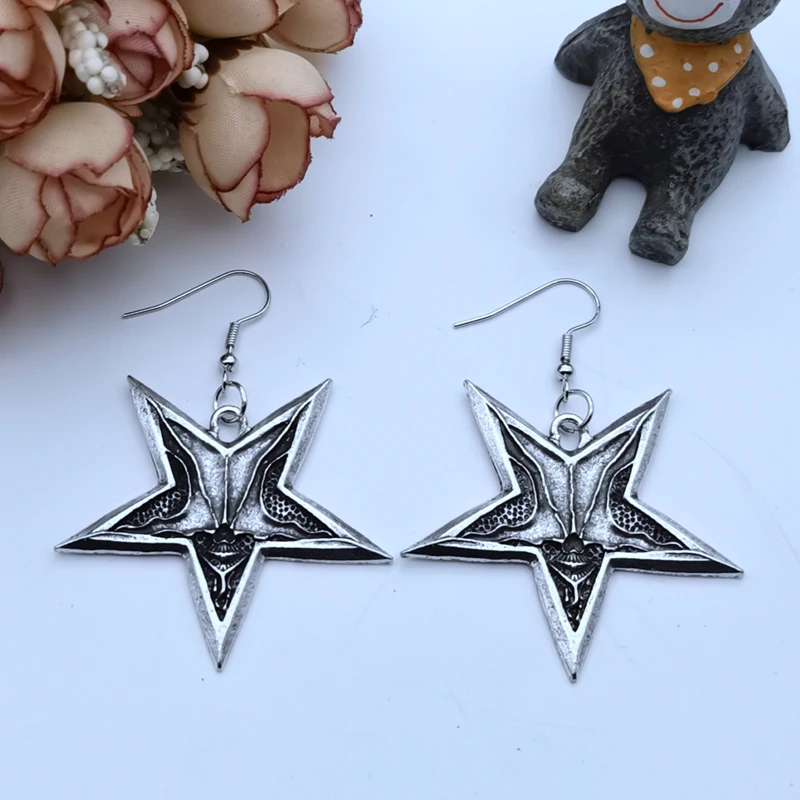 Vintage Lady Satan Inverted Pentagram Skull Pendant Earrings Lady Punk Demon Chaos Star Skull Earrings Baphomet Jewelry