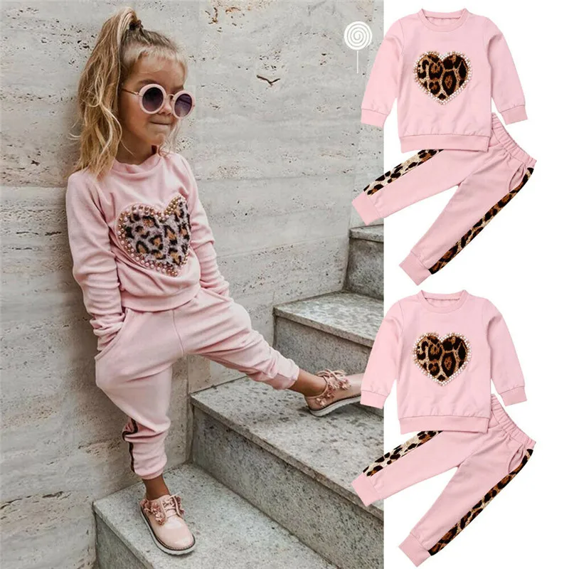 PUDCOCO 2PCS Toddler Kids Baby Girls Long Sleeve Leopard Tops Pants Leggings Outfits Clothes Tracksuit 1-6T